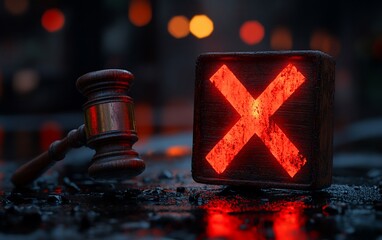 A wooden gavel and a red glowing 'X' symbol on a dark background.