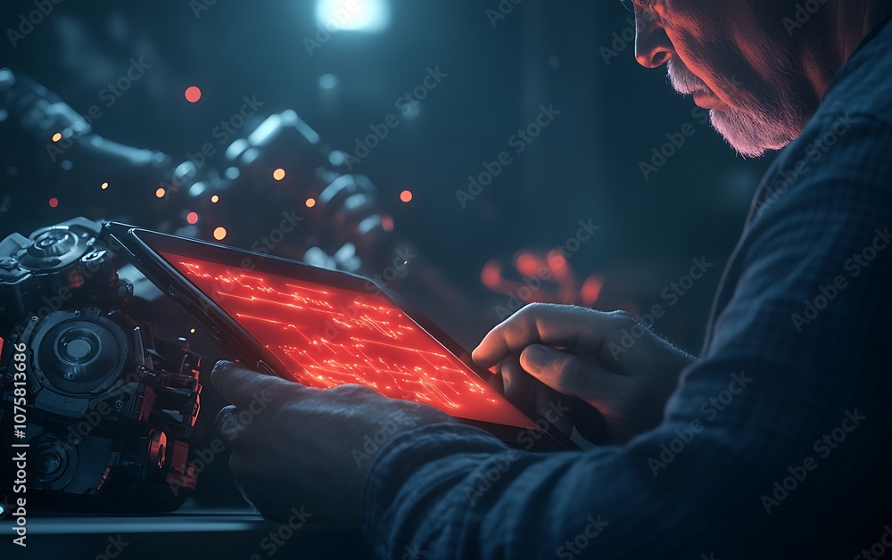 Poster a focused individual interacts with a glowing tablet, surrounded by advanced technology and a dark, 