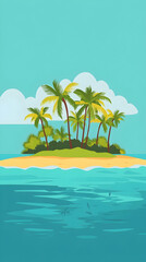 A small tropical island with palm trees and a white sandy beach in the middle of a blue ocean.