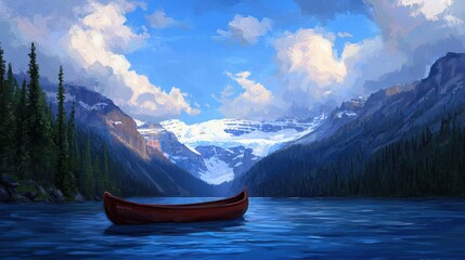 Obraz premium Serene Mountain Lake with Canoe and Snow capped Peaks