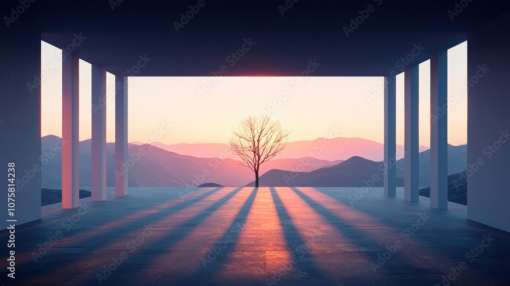 Poster minimalist architecture with mountain sunset view and single tree