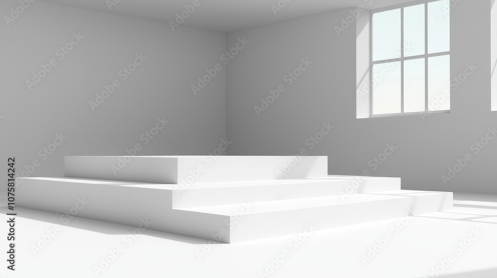 Poster minimalist white cube display platform with window light