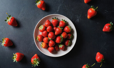 A bowl of fresh strawberries sits on a black countertop