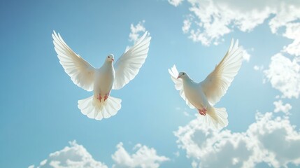 Obraz premium Two White Doves Soaring in Blue Sky