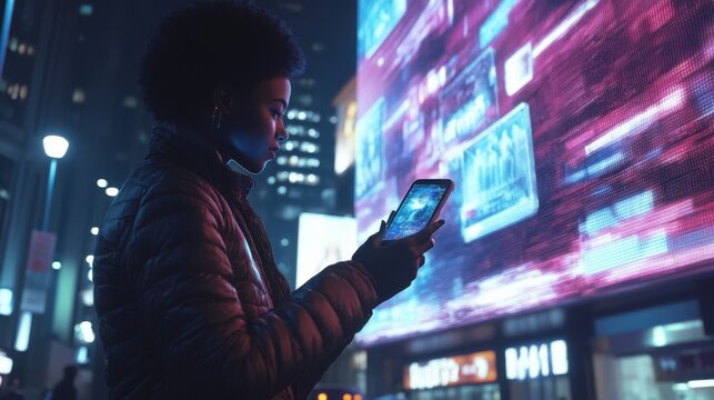 A stylish individual in a futuristic city, using a smartphone