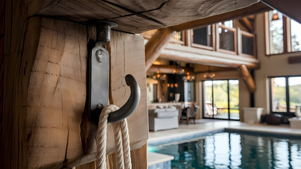 Close-up of a hook and rope in a luxurious cabin interior with a pool, showcasing rustic design and spacious living area.