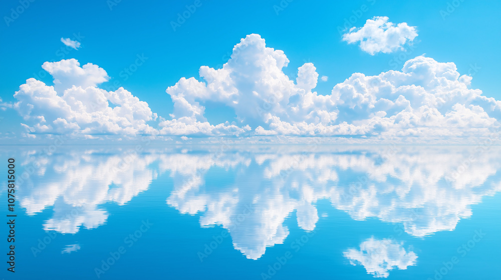 Poster azure reflection: a tranquil canvas of blue sky and fluffy white clouds mirrored in a still body of 