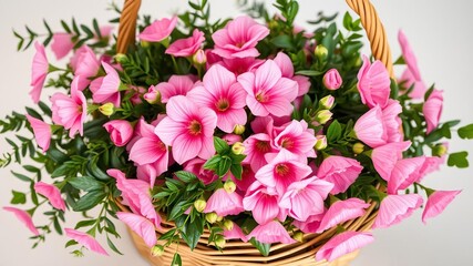 Naklejka premium A basket overflowing with fresh pink flowers and greenery, fresh flowers, nature-inspired decor, floral patterns
