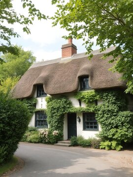 A beautiful cottage with thatched roof surrounded by greenery on a charming lane in Shere Surrey England, thatched roof, charm
