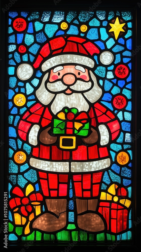 Wall mural Stained glass window featuring Santa Claus holding a gift, surrounded by colorful mosaic patterns