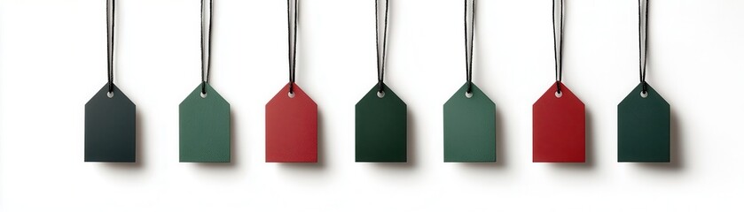 Six colorful tags hang elegantly, perfect for showcasing customization, branding, or pricing in various creative projects.
