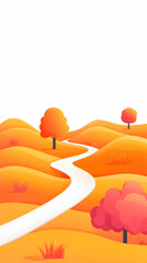 A winding road through a colorful autumn landscape with rolling hills and trees.