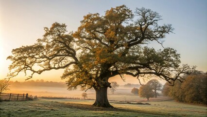 A blanket of golden light wraps around the branches of an old oak tree as morning breaks, sunrise, woodland