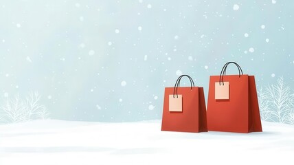 Two red shopping bags on a snowy background, creating a festive and cheerful atmosphere suitable for winter promotions.