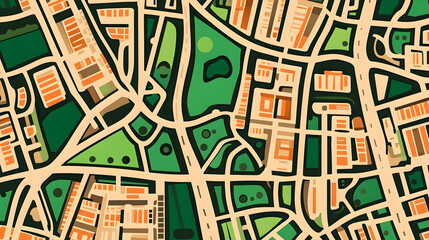 Abstract city map with parks and roads.