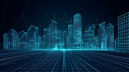 Abstract digital city skyline with glowing lines.