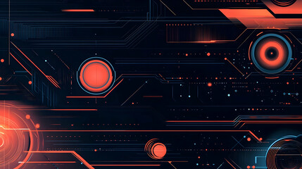 Obraz premium Abstract digital circuit board with glowing red and blue lines and circles on black background.
