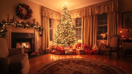 Obraz premium A warm, inviting living room with a tall Christmas
