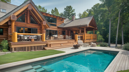 Spacious log cabin home with a pool and lush greenery, perfect for outdoor relaxation and summer gatherings.