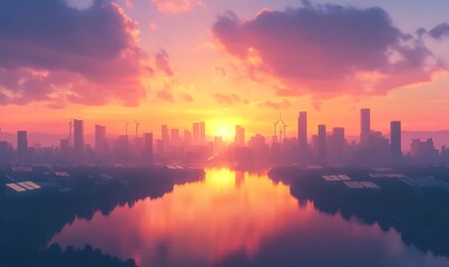 Naklejka premium A stunning skyline at sunset, reflecting vibrant colors in the water below, with a blend of modern buildings and serene natural beauty.