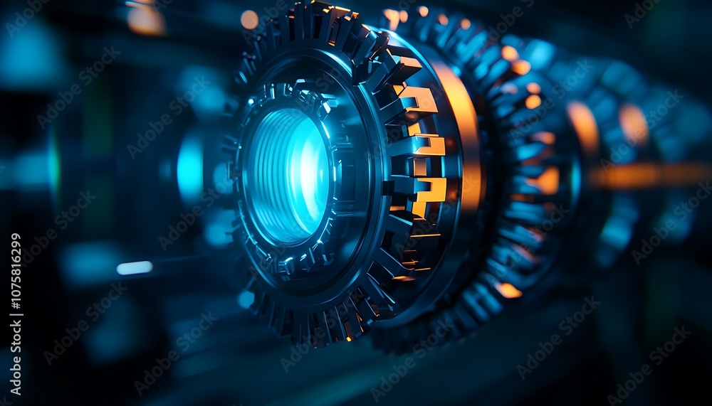 Leinwandbilder A futuristic circular device with a glowing blue core, surrounded by metallic components, creating a high-tech sci-fi atmosphere.
