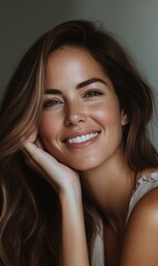 Beautiful woman smiling with flawless skin, gentle lighting, minimalistic background, hand on face, close-up shot, empty space.