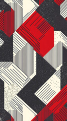 Abstract geometric pattern with red, black, and white lines and shapes.