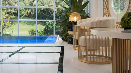 Elegant modern interior featuring a stylish lounge area, gold accents, and a view of a serene outdoor pool.