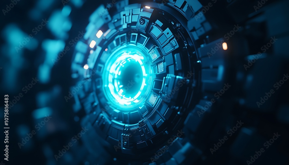 Poster A futuristic circular design with glowing blue light, featuring intricate patterns and a high-tech aesthetic, suggesting advanced technology or innovation.