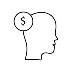 Money thinking line icon. Head and dollar money vector linear illustration for web and app..eps