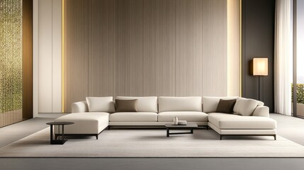 Modern Minimalist Living Room with Beige Corner Sofa and Wooden Paneling Wall