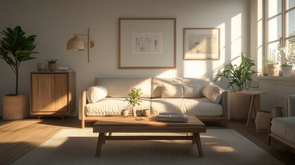 Hyperrealistic photo of a modern living room bathed in warm natural light, showcasing minimalist furniture and calming decor. The cozy and bright atmosphere evokes a high-end magazine feel, captured