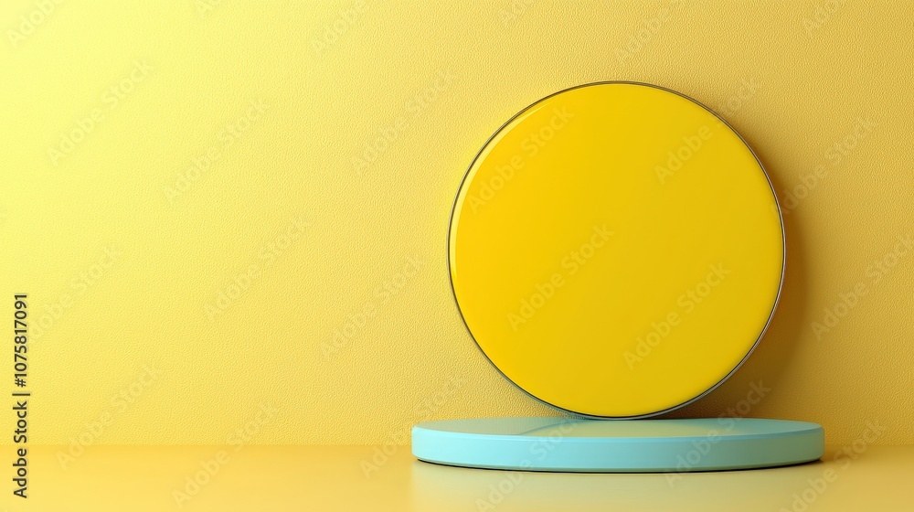 Poster yellow circle display stand on blue platform minimalist 3d render
