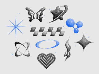 Retrofuturistic Y2K icons, stars, hearth, fire and other. Vaporwave 3D icons with retro vibe and pixel bitmap style. Y2K trendy 8bit icons, Digital collage, universal geometric shapes. Vector box