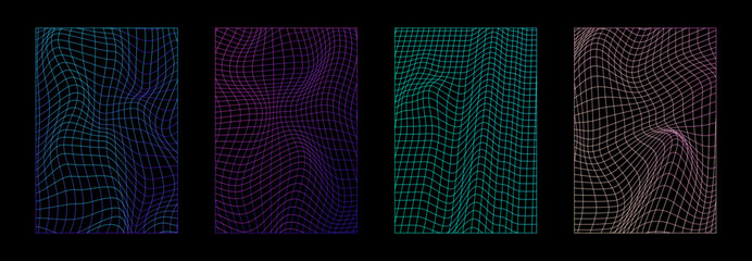 Neon retrofuturistic grids, 3D wireframes with deformation effect. Retro vibe music - synthwave, vaporwave concept.  Retrofuturistic wireframes, 3D perspective with wave effect. Vector shapes