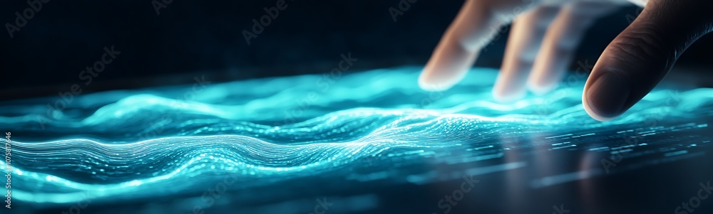 Leinwandbilder a hand interacts with a glowing digital surface, creating a captivating display of blue light and wa