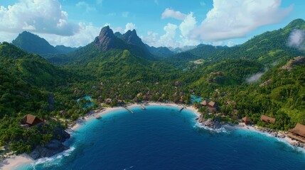 Fototapeta premium Tropical Island Paradise with Lush Green Mountains Sandy Beach and Turquoise Waters