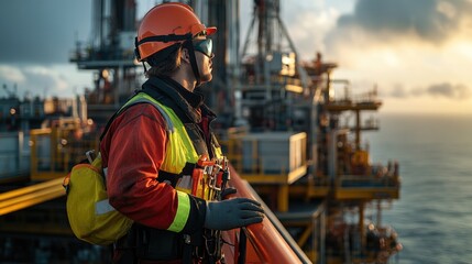 Hyperrealistic photo of: Worker in full safety gear on an oil rig platform, overseeing the day-to-day operations with industrial equipment in the background. The photograph, shot in high-resolution