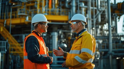 Hyperrealistic photo of an offshore rig supervisor in conversation with engineers, ensuring the safety and efficiency of ongoing operations. Styled like a premium magazine feature and professionally