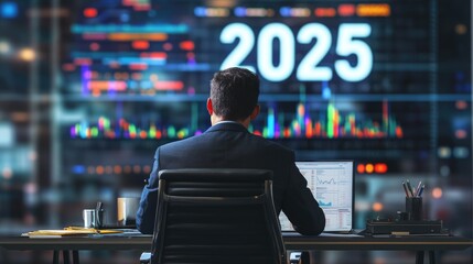 Fototapeta premium Hyperrealistic photo of a businessman reviewing CRM reports at his desk with a large blurred digital screen showing 