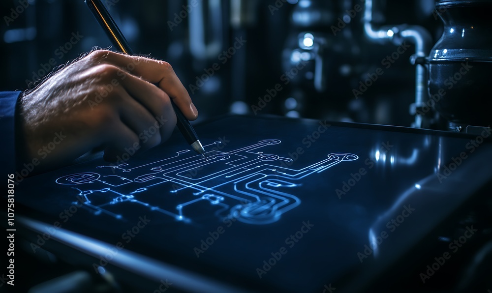 Aufkleber a hand sketches a digital circuit design on a tablet amidst a backdrop of industrial machinery.