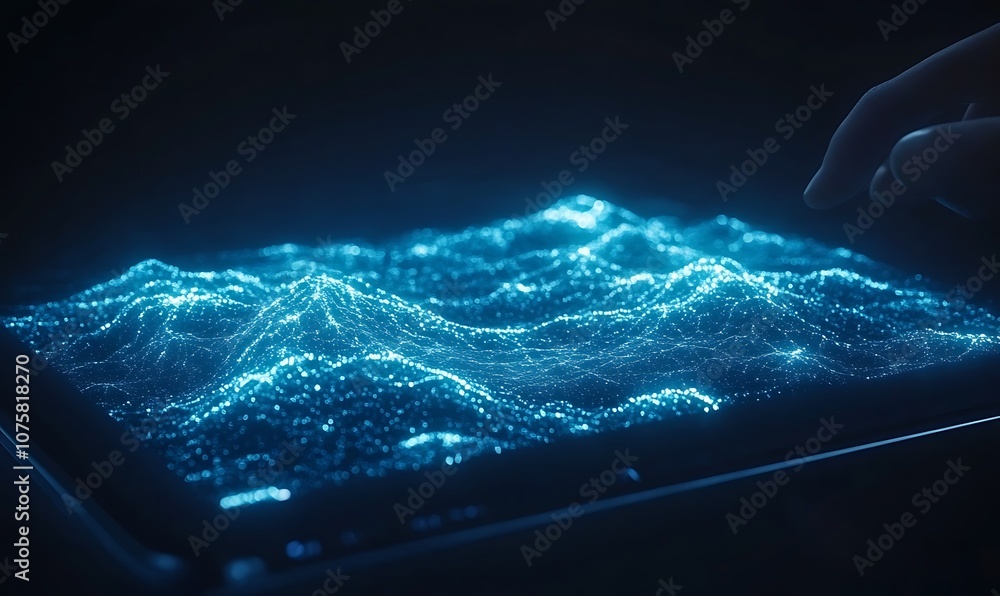 Aufkleber a glowing, digital landscape emerges from a touchscreen, showcasing dynamic waves and particles, sug