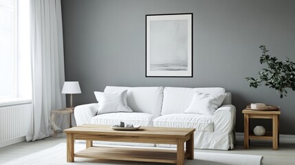 A realistic photo of a bright and airy living room, showcasing a wooden coffee table near a white sofa. The grey wall with an art poster completes the elegant, minimalist decor. Styled like a