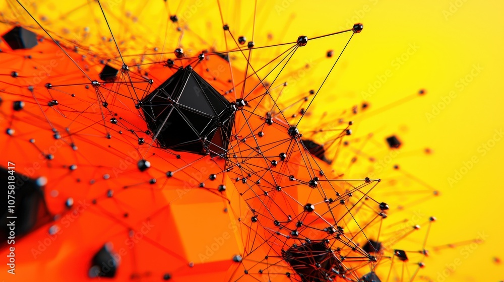 Poster abstract geometric background with black and orange shapes network connected dots