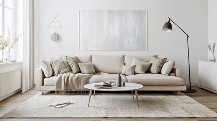 A realistic photo of a chic living room featuring white walls, a beige sofa, and a coffee table A soft rug, modern floor lamp, and wall art complete the stylish space Cushions and throws add warmth