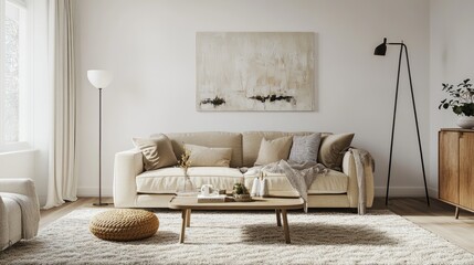A realistic photo of a contemporary living room with a beige sofa and white walls The room features a coffee table, soft rug, standing floor lamp, and decorative paintings Cushions and throws enhance