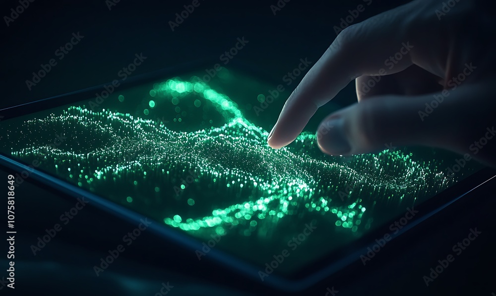 Aufkleber a glowing green digital display is being interacted with by a person's finger, creating a mesmerizin