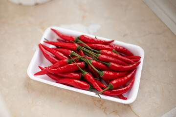 Top view of fresh red chili peppers.