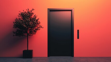 Modern Elevator Doors with Plant in Red Hallway   Minimalist Interior Design