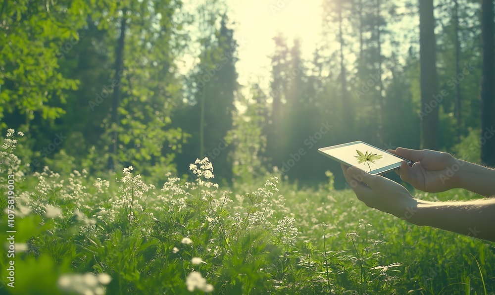 Poster a hand holds a small transparent container in a sunlit forest field, surrounded by greenery and wild